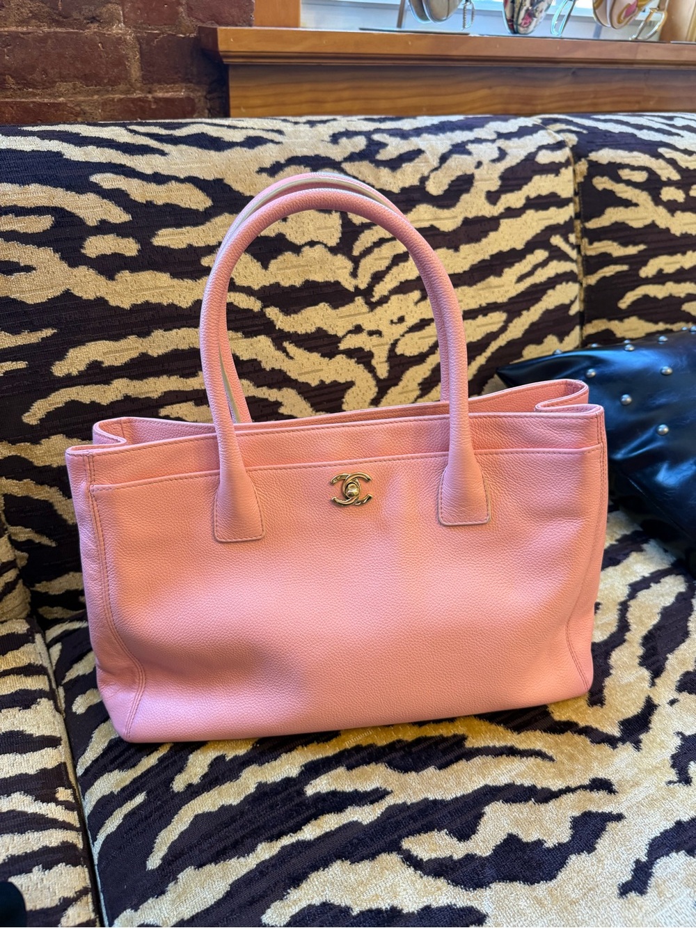 Authentic CHANEL Pink Cerf Executive Leather Tote with Gold CC